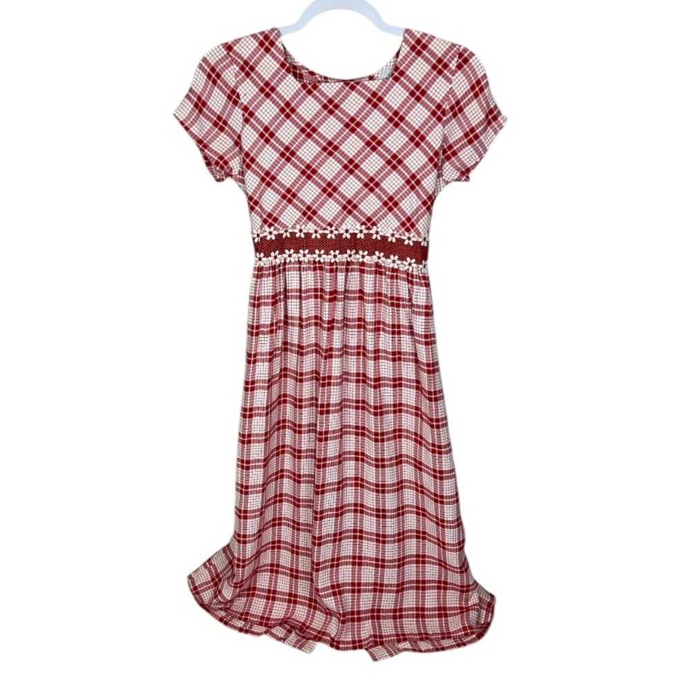 Rare‎ Editions Girls Red Gingham Plaid Dress with Floral Waist Trim Size 14
